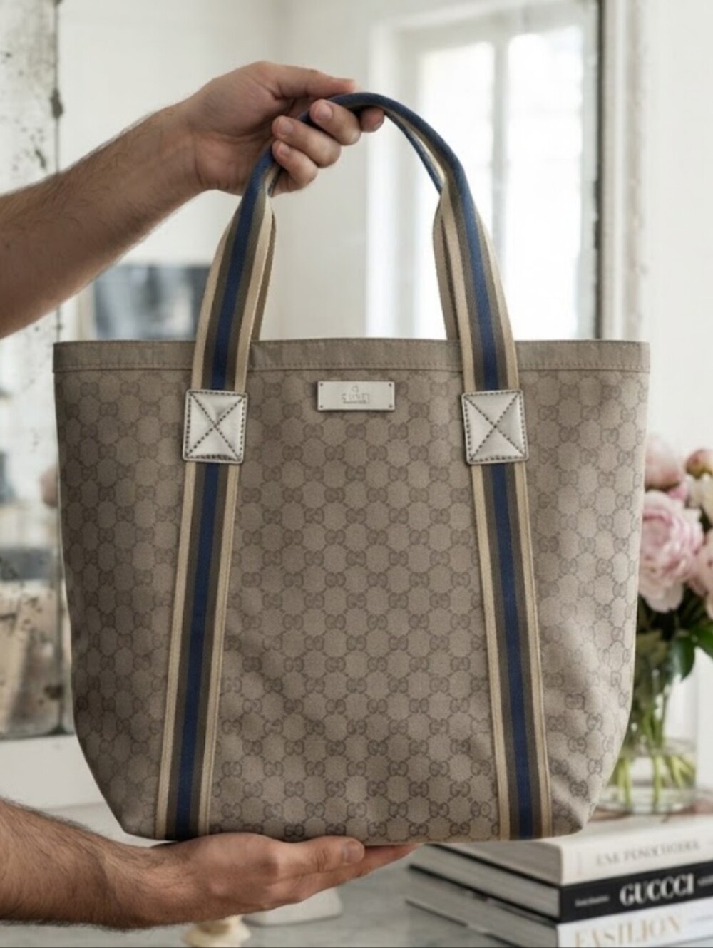 Gucci Beige GG Canvas Tote Bag with Blue Stripe